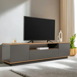 Meuble TV moderne 3 portes blanc et effet noyer MARFA