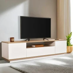 Meuble TV moderne 3 portes blanc et effet noyer MARFA