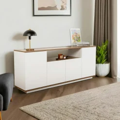 Meuble TV moderne 3 portes blanc et effet noyer MARFA