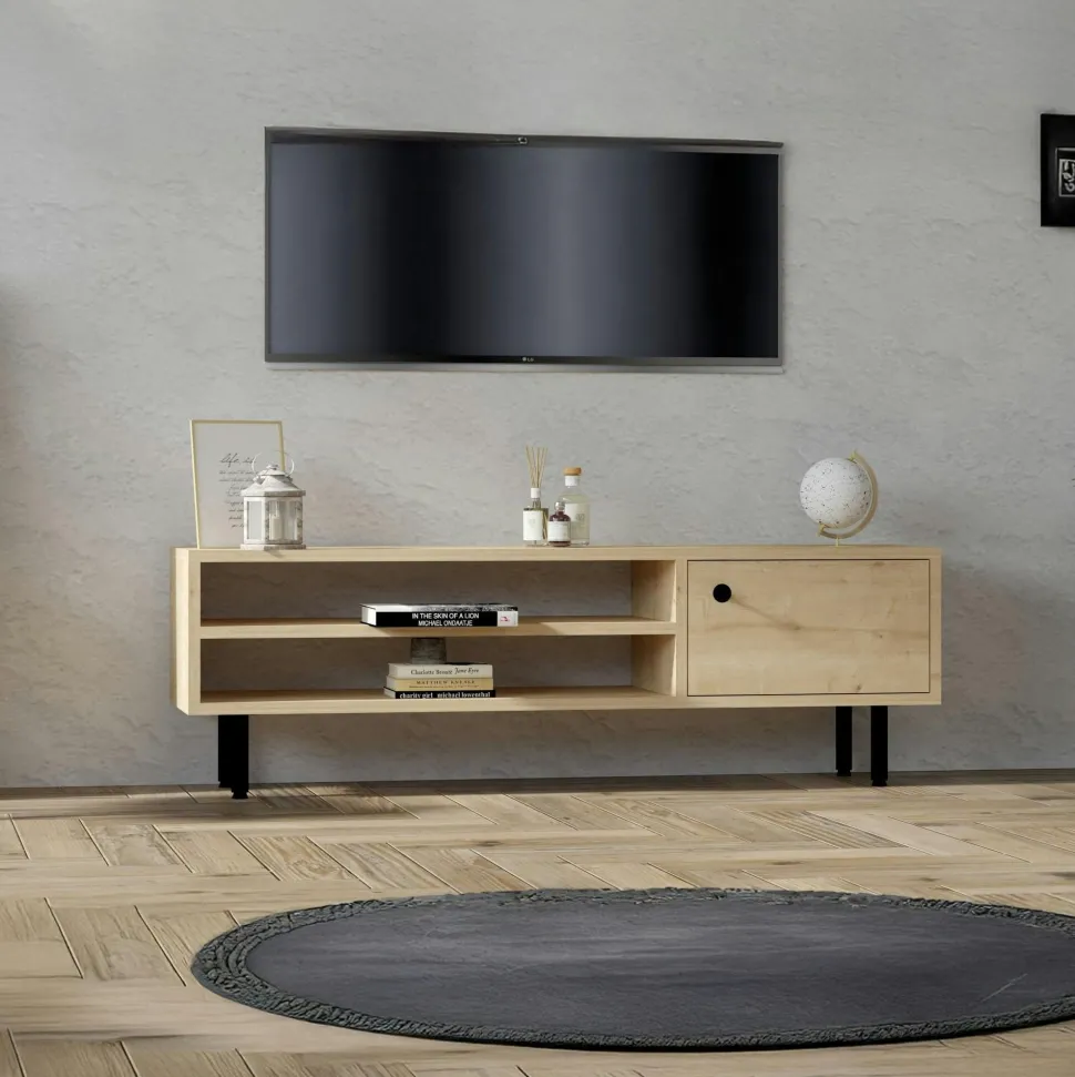 Meuble TV moderne effet bois clair - 2 niches traversantes JENA