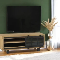 Meuble TV pin brossé porte coulissante 1 tiroir IASI