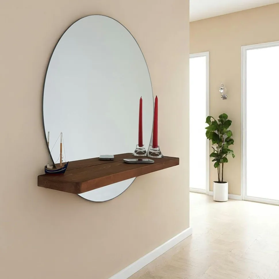 Miroir rond avec étagère en bois brun HILO