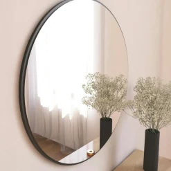 Miroir rond moderne avec cadre effet bois clairØ60 cm CODY