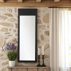 Miroir vertical en bois gris foncé - motif lotus HILO