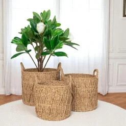 Panier cache-pot en jonc de mer avec motif losange (lot de 3)