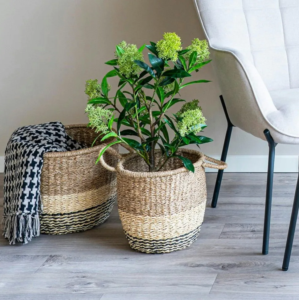 Panier de rangement en jonc de mer 3 couleurs avec poignées (lot de 2)