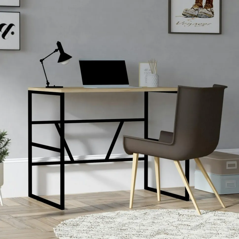 Petit bureau moderne noir avec plateau effet chêne clair JENA
