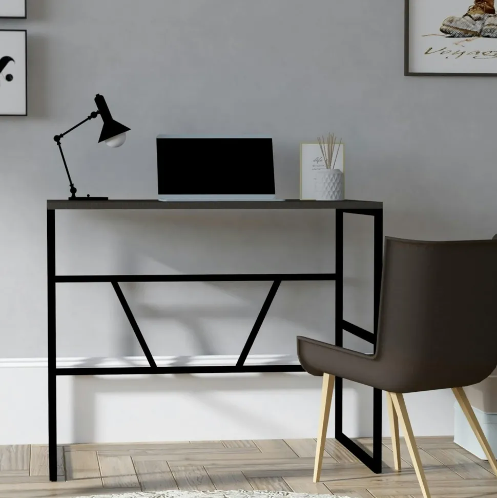 Petit bureau moderne noir avec plateau effet chêne clair JENA