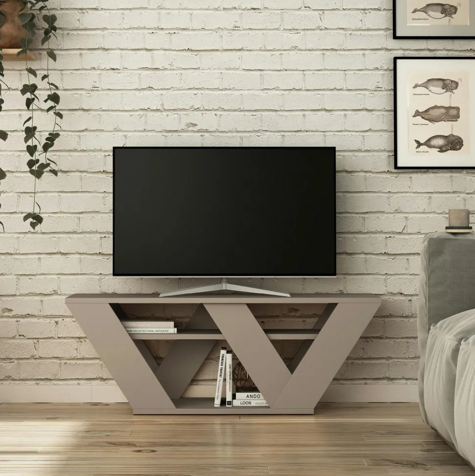 Petit meuble TV gris foncé avec rangement - pied en W MARFA
