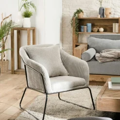 Petit tabouret en velours côtelé gris perle TIM
