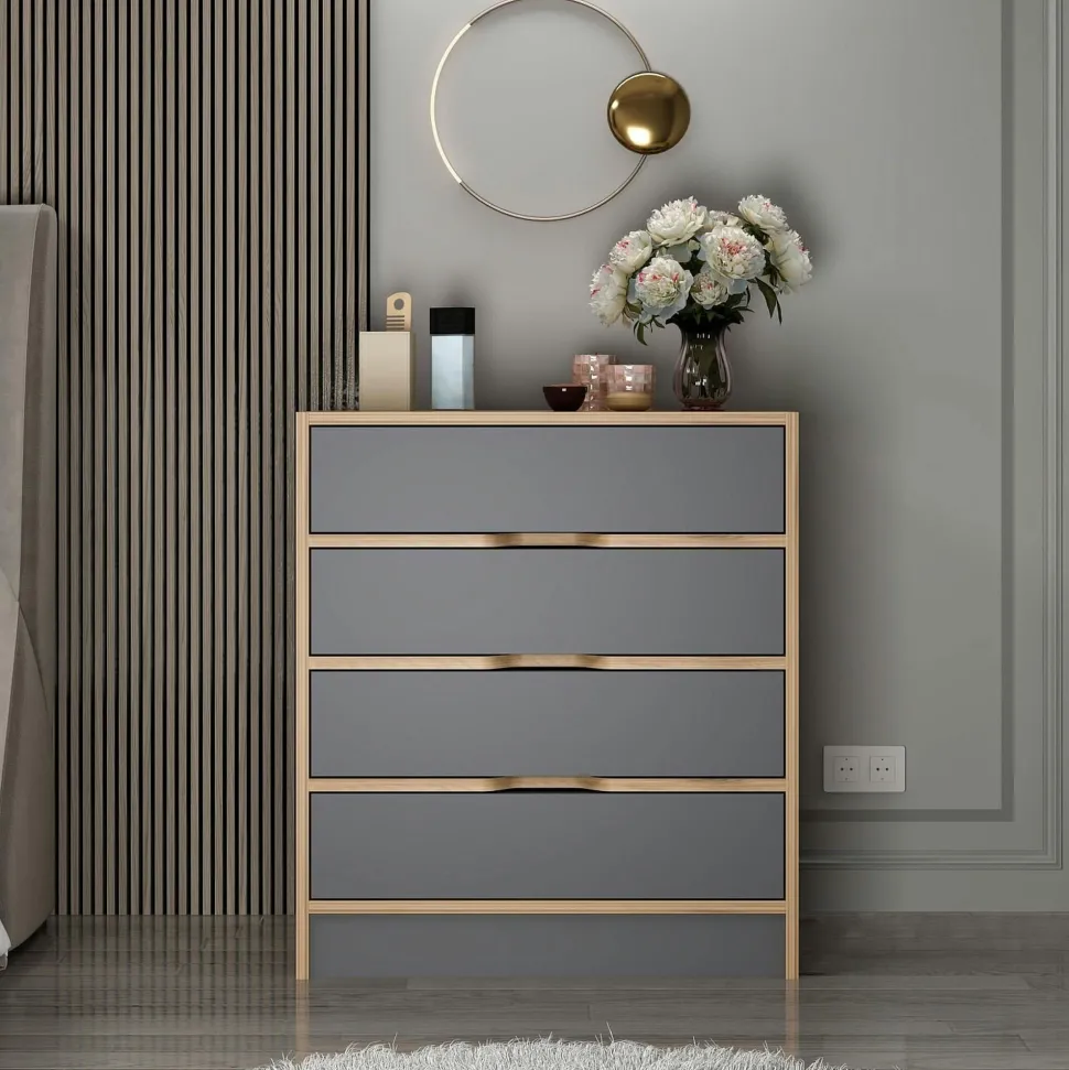 Petite commode moderne 4 tiroirs effet noyer & gris BYRON