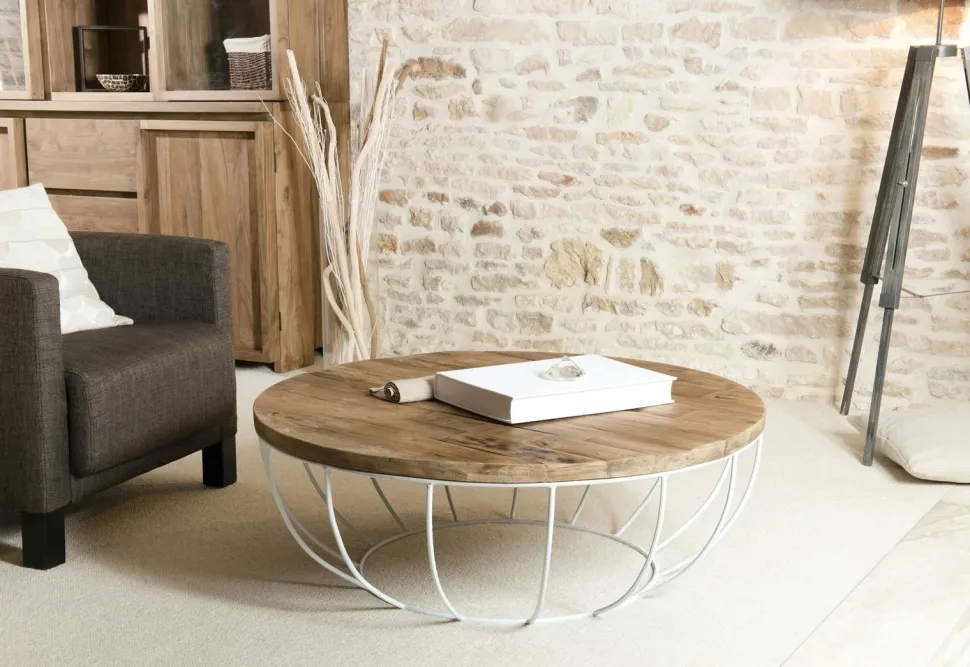 Petite table basse ronde teck recyclé structure filaire blanche SWING