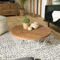 Petite table basse ronde teck recyclé structure filaire blanche SWING