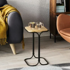 Petite table d'appoint dorée carrée - plateau bois clair JENA