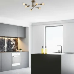 Plafonnier design doré, 6 lampes sur tiges MARATEA