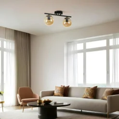 Plafonnier moderne métal noir 2 globes verre ambré SIERRE