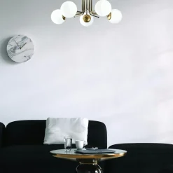 Plafonnier vintage métal doré 5 globes verre dépoli SIERRE