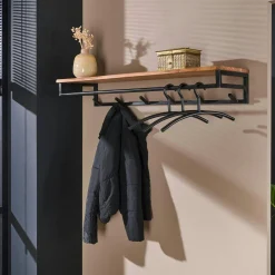 Portemanteau mural en bois d'acacia 6 patères + 1 tringle TRIBECA
