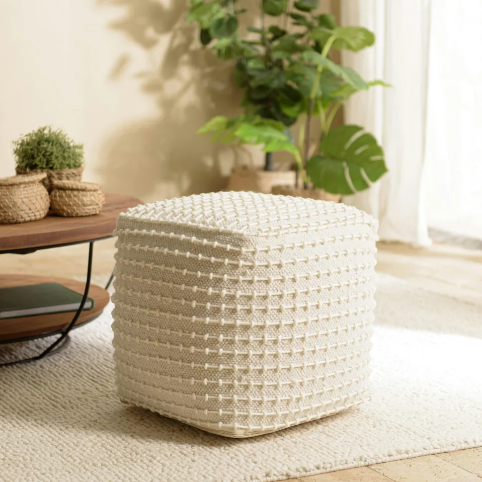 Pouf carré laine ivoire effet tricot TIM