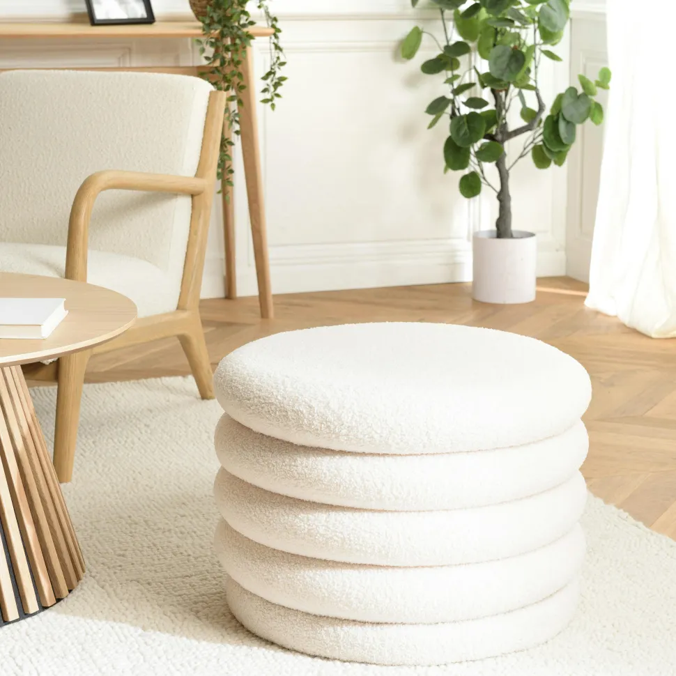 Pouf carré tissu bouclette écru pieds bois COLOMBUS