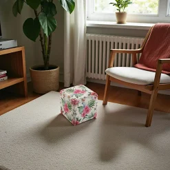 Pouf cube tropical motif perroquets, feuilles et fleurs 35x35x35cm BORNEO