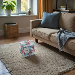 Pouf cube tropical motif perroquets, feuilles et fleurs 35x35x35cm BORNEO