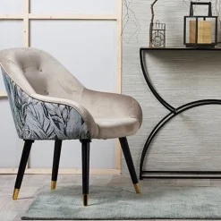 Pouf de salon motif feuillage beige et gris