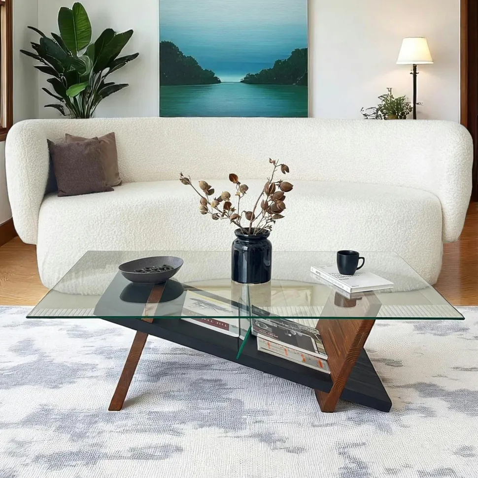 Pouf rond marron effet fourrure sur base bois BRUGES