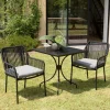 Salon de jardin 1 table carrée métal noir 70x70 cm - 2 fauteuils cordage noir 1 coussin gris GIJON