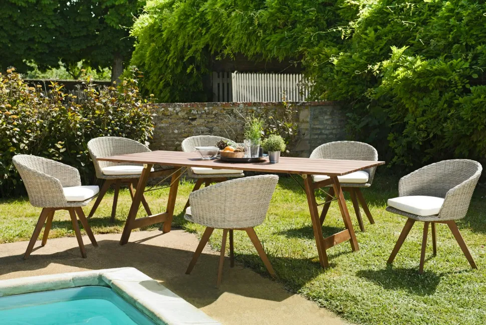 Salon de jardin BAHIA (1 table de jardin pliante acacia 220x90, 6 fauteuils de jardin)
