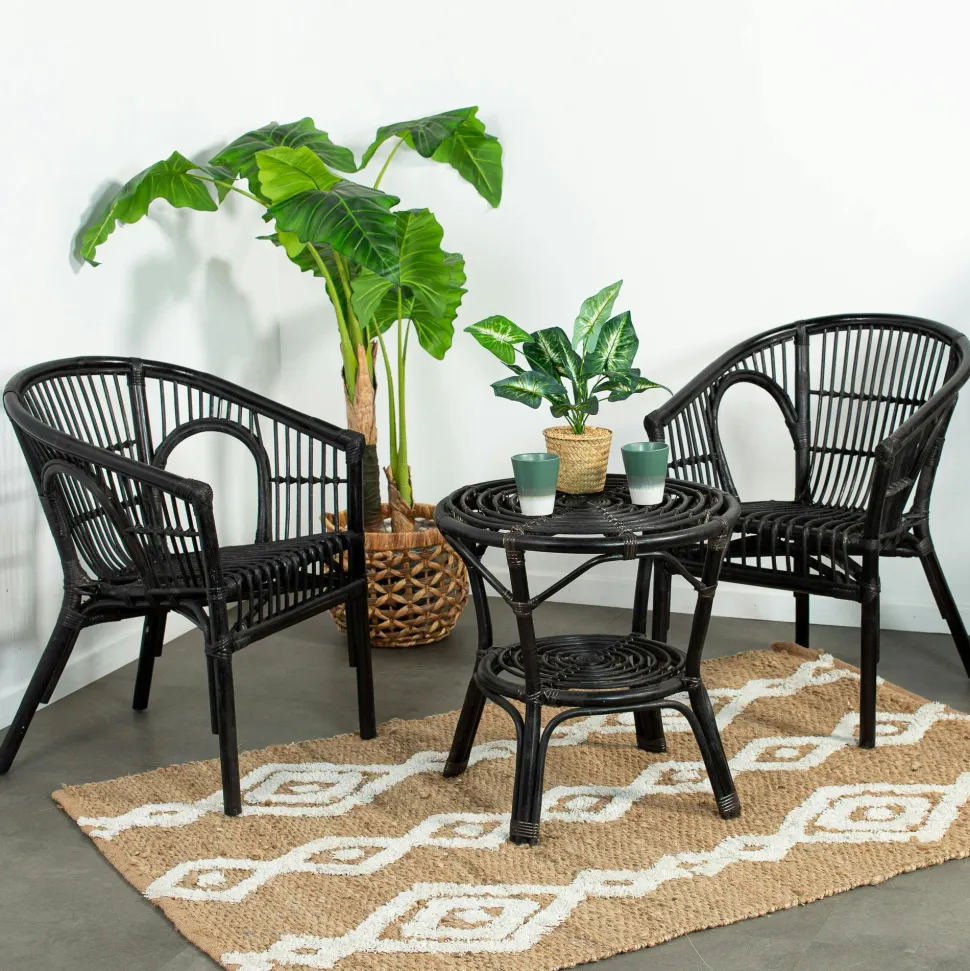 Salon de jardin en rotin noir (2 fauteuils, 1 table basse) COPENHAGUE