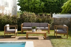 Salon de jardin en teck BERGEN (1 canapé 3 places, 2 fauteuils, 1 table basse)