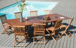 Salon de jardin en Teck massif huilé Table extensible 200/300x120x75cm + 8 Chaises MACAO