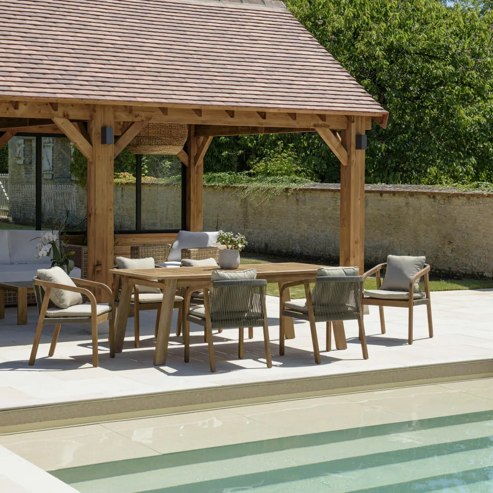 Salon de jardin table acacia et 6 fauteuils cordage vert avec coussins BAHIA
