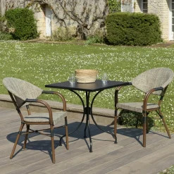 Salon de jardin table carrée noire 70x70 cm + 2 fauteuils bistrot tissu taupe GIJON