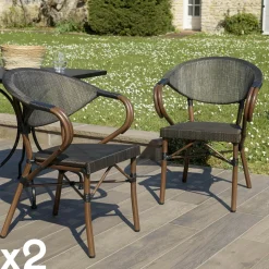 Salon de jardin table carrée noire 70x70 cm + 2 fauteuils bistrot tissu taupe GIJON