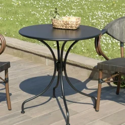 Salon de jardin table noire ronde D70 cm + 2 fauteuils bistrot tissu taupe GIJON