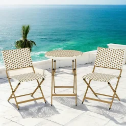 Salon de jardin table ronde + 2 chaises résine blanche tressée motifs beiges BISTROT