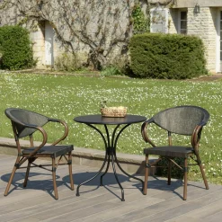 Salon de jardin table ronde noire D70 cm + 2 fauteuils bistrot tissu marron GIJON