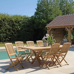 Salon de jardin teck brut table pieds en croix 180/240 + 6 chaises bord arrondi SUMMER