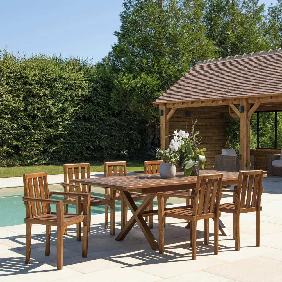 Salon de jardin teck huilé table pieds en croix 180/240 + 6 fauteuils MACAO