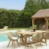 Salon de jardin teck naturel 1 table pieds en V 220 cm + 6 chaises arrondies résine tressée MANY