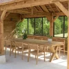 Salon de jardin teck naturel 1 table pieds en croix 320 cm + 8 fauteuils bois MANY