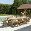 Salon de jardin teck naturel 1 table pieds inclinés 300 cm + 8 fauteuils résine tressée MANY