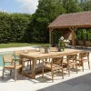Salon de jardin teck naturel 1 table pieds inclinés 300 cm + 8 fauteuils bois MANY