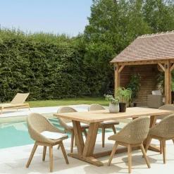 Salon de jardin teck naturel 1 table pieds inclinés 300 cm + 8 fauteuils bois MANY