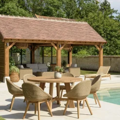 Salon de jardin teck naturel 1 table pieds inclinés 300 cm + 8 fauteuils bois MANY
