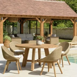 Salon de jardin teck naturel 1 table pieds inclinés 300 cm + 8 fauteuils bois MANY