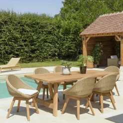 Salon de jardin teck naturel 1 table pieds inclinés 300 cm + 8 fauteuils bois MANY