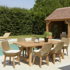 Salon de jardin teck naturel 1 table pieds inclinés 300 cm + 8 fauteuils bois MANY